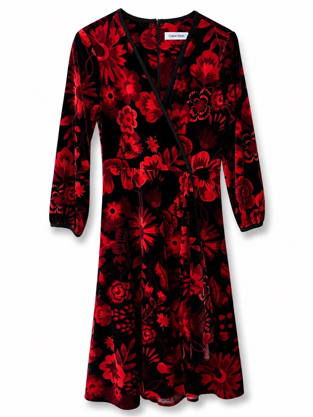 Calvin Klein Black Velvet Wrap Dress with Red Floral Print